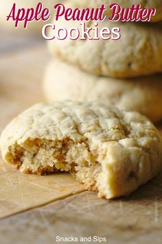 an apple peanut butter cookie is cut in half and stacked on top of each other