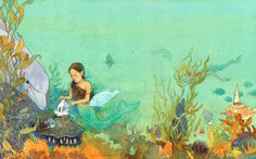 Mermaids at Play, original illustration from The Legend of Sea Glass written by Trinka Hakes Noble and Illustrated by Doris Ettlinger | R. Michelson Galleries Page Design