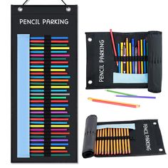 the pencil parking sign is next to some colored pencils and pens in its holder