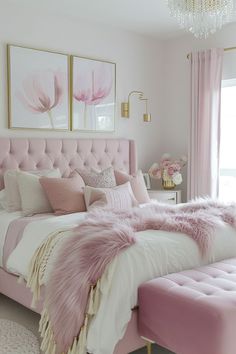 a bedroom with pink and white decor in shades of pink, gold, and white