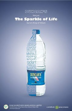 a water bottle with the words duncan's on it, and an image of a