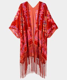 Our striking devor? kimono wraps you in luxury. Pairing gorgeous florals with luxe tassels, and in the most stunning orange colourway, it's the most elegant way to warm up this winter. Throw it over your occasion outfit to show your unique style this season. Gorgeous kimono Made from burnout devor? fabric Warm orange colourway Gorgeous floral design Luxe tassel detailingDimensions: 77 x 110cm | Spice Market Devore Kimono Kimono Wraps, Devore Fabric, Orange Kimono, Spice Market, Jumper Short, Occasion Outfit, Kimono Wrap, Joe Browns