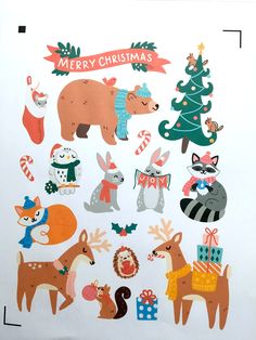 an image of christmas stickers on a white sheet with trees, animals and presents