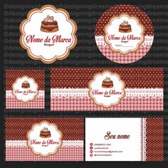 four business cards with different designs and logos for cakes, pies or desserts