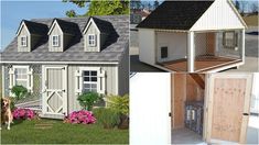 three pictures of different types of houses with dogs in them and one has a dog kennel