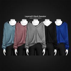 four different colored tops on mannequins with the words layered v neck sweater