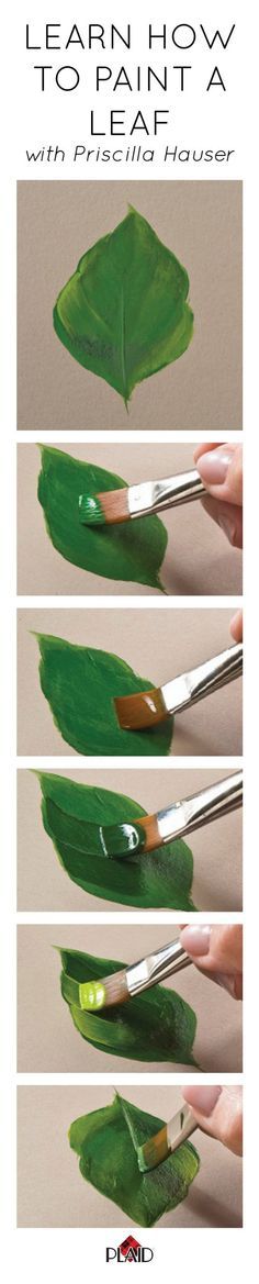 the steps to painting leaves with acrylic paintbrushes are shown in three different stages