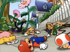 an image of mario kart and other characters playing on the street with each other