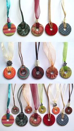 several different necklaces are hanging from the same line as they appear to be made out of wood