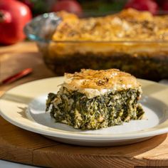 a slice of spinach casserole on a plate