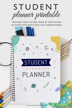 the student planner printable is on top of a desk with pencils and markers