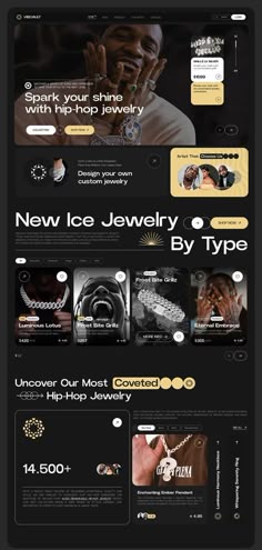 the website for jewelry store is shown in black and gold colors, with an image of a man's face on it