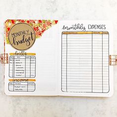 an open planner with the words, month and budget on it