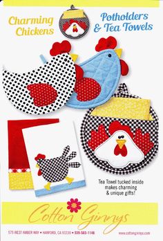 an advertisement for the new chicken appliques and tea towels pattern is shown