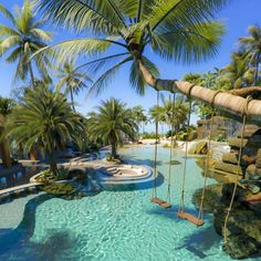 an outdoor pool with swings and palm trees in the foreground, surrounded by blue water