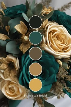 a bridal bouquet with roses and foliage in shades of teal, green, gold