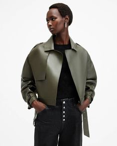 Ophelia Cropped Bonded Leather Jacket KHAKI GREEN | ALLSAINTS US Cropped Leather Jacket Outfit, Wedding Guest Coats, All Saints Leather Jacket, Jacket Inspiration, Vince Clothing, Leather Jacket Outfit, Shoulder Epaulettes, Stuart Weitzman Boots, Cropped Leather Jacket