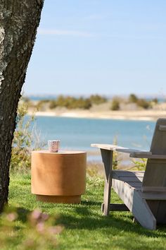 two wooden benches sitting on top of a lush green field next to a tree in front of a body of water