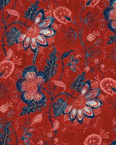 a red and blue floral print fabric with large flowers on the bottom half of it