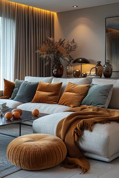 21 Stunning Modern Living Room Ideas for Inspiration | Relixiy Comfortable Living Room Seating, Comfort Living Room Ideas, Grays And Brown Living Room, Modern Neutral Living Room With Pop Of Color, Livingrooms Design Ideas Colors, Gray And Orange Living Room Ideas, Livingrooms Design Ideas Cozy, Living Room Color Palette Ideas, Minimalist Cozy Living Room