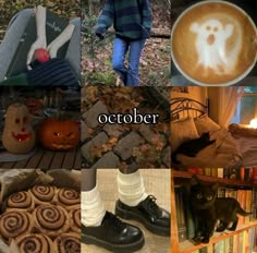 a collage of pictures with coffee, pumpkins and other items