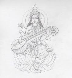 Sarasvati Ma Drawing, Sketch Of Saraswati Maa, Saraswati Pencil Sketch, Saraswati Maa Sketch, Saraswati Maa Drawing Easy, Saraswati Drawing Art, Saraswati Drawing Easy For Kids, Maa Saraswati Drawing Sketch, Vishnu Drawing Easy