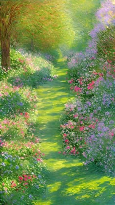 an oil painting of flowers and trees in the park with green grass, pink and purple flowers