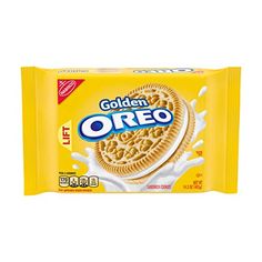 golden oreo cookies with milk are on display in the package, and it is ready to be eaten