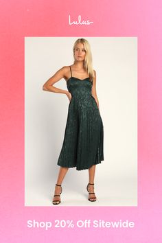 You'll never be lacking a stylish party dress when you've got the Lulus Chic Sensibility Dark Green Satin Jacquard Pleated Midi Dress! Sleek woven satin, with floral embossing, shapes adjustable spaghetti straps that support a bustier-inspired bodice with a high waist. Skirt features elegant pleating as it falls to a midi hem. Hidden zipper/clasp at back. Fit: This garment fits true to size. Length: Knee to mid-calf length. Size medium measures 39" from adjustable straps to hem. Bust: Great for any cup size. Waist: Fitted - very fitted at natural waist. Hip: Not Fitted - fuller skirt allows room for hips. Undergarments: May be worn with a strapless bra, adhesive bra, petals, or no bra. Fabric: Fabric has no stretch. Lined. Shell: 97% Polyester, 3% Spandex. Lining: 100% Polyester. Hand Wash Spring Evening Jacquard Midi Dress, Spring Jacquard Midi Party Dress, Elegant Summer Jacquard Midi Dress, Elegant Jacquard Midi Dress For Summer, Spring Party Jacquard Midi Dress, Summer Jacquard Midi Dress For Party, Summer Party Jacquard Midi Dress, Silk Pleated Midi Dress For Date Night, Glamorous Jacquard Party Dresses