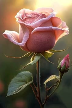 a single pink rose with the sun shining behind it