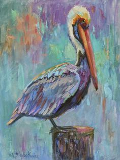 a painting of a pelican sitting on top of a stump