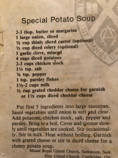 an old recipe for special potato soup is shown in the menu listing it's ingredients