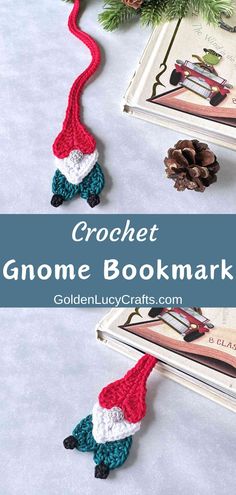 crochet gnome bookmark is shown with pine cones on the top and bottom