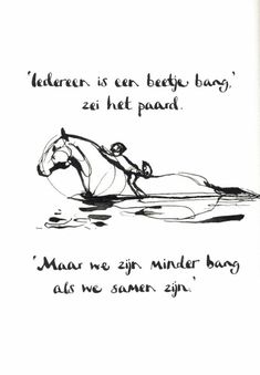 a black and white drawing of a person on a horse in water with words written below