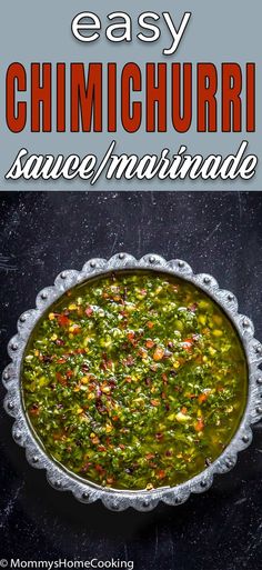 an easy chimichurri sauce / marinade recipe in a pie pan on a black background