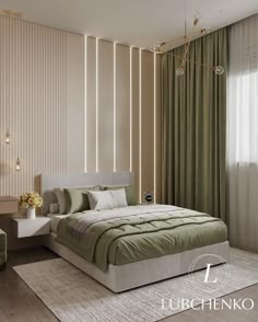 a large bed sitting next to a green chair in a room with curtains on the windows