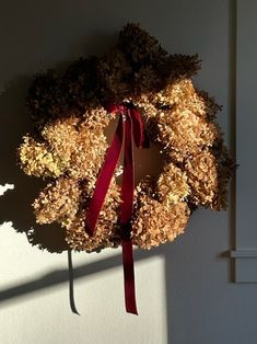 a wreath hanging on the wall with a red ribbon