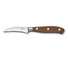 a knife with wooden handle and white dots on it's blade, against a white background