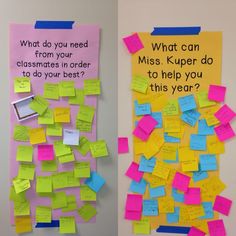 two bulletin boards with post - it notes attached to them, one is pink and the other is yellow