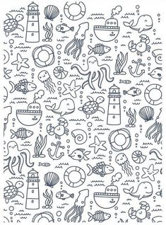 an image of marine animals and fish in black ink on white paper, with the words sea life written below it