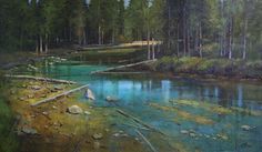 an oil painting of a river surrounded by trees