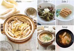 four pictures showing different types of soups in bowls and on plates, along with instructions for how to make them