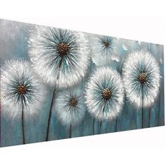 a painting of white dandelions on a blue background