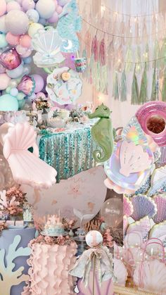 a collage of mermaid themed items and decorations for a baby shower or birthday party