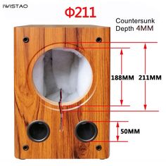 a wooden speaker with measurements for the front and side speakers on each side is shown