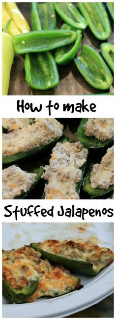 four pictures with different types of food and words describing how to make stuffed jalapenos