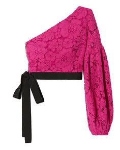 Alexis EXCLUSIVE Toby One Shoulder Lace Top: Baring a single shoulder in exquisite lace. Long sleeve. Side zip closure. Contrast grosgrain ribbon trim with self tie at hem. Lined. In fuchsia. Fabric: 78.5% cotton/21.5% nylon Lining: 96% polyester/4% spandex Made in USA. Model Measurements: Height ... Pink One Shoulder Top, One Sleeve Top, Pink Lace Top, Lace Top Long Sleeve, Fancy Blouses, Fancy Blouse Designs, Shoulder Tops, One Shoulder Tops