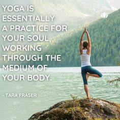 a woman doing yoga on top of a rock near the water with a quote from tara fraser