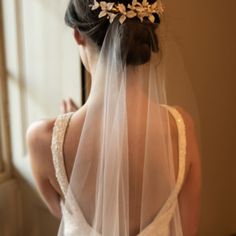 the back of a bride's dress with a veil on her head