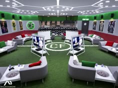 a large room with couches, chairs and televisions on the green carpeted floor